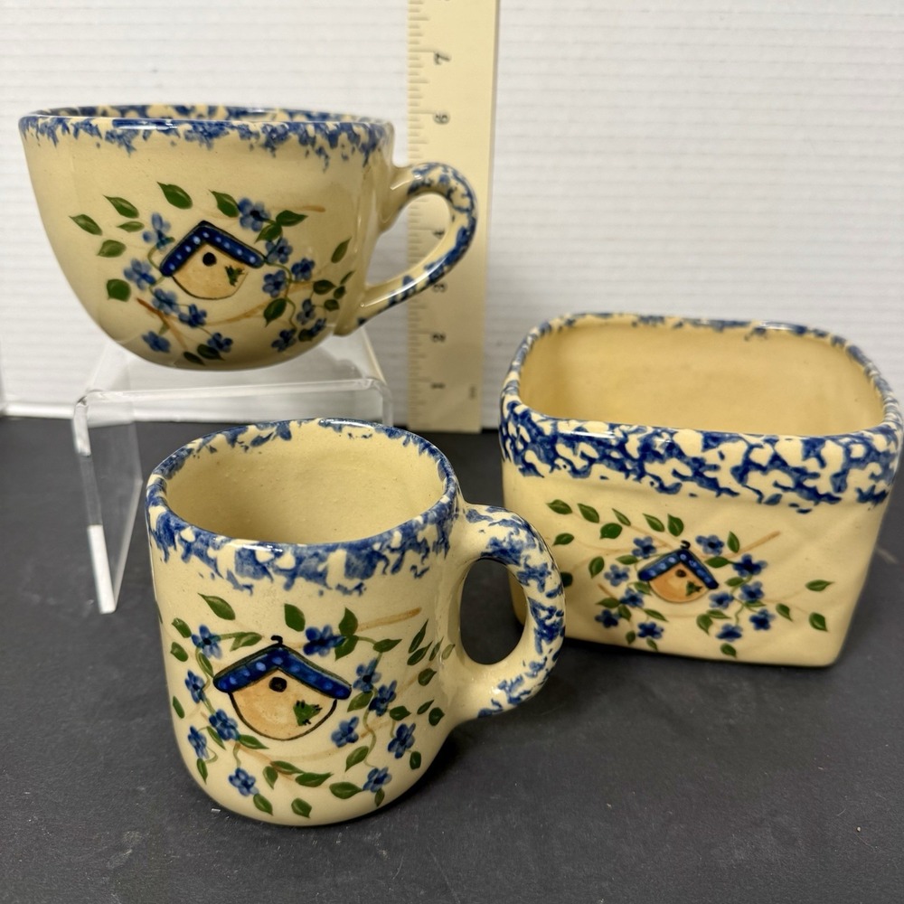 Vtg.  Roseville Ohio Blue Bird House Alpine Pottery - 3 Piece Matching Set